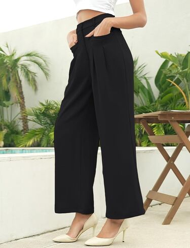 سروال Genhoo واسع الساق للنساء، بنطلون كاجوال للعمل عالي الخصر، بخصر مطاطي في الخلف، سروال Palazzo in Kuwait