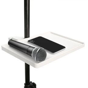 Utility Mic Tray Holder, White Clip-On Accessories Clamp Pole Mount Shelf for Music Table, Tripod, Live Streaming Room, Karaoke, Recording, Instrument Sound Card Brackets (8.7'' x 6.5'')