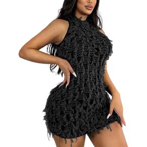 Women Sexy Sleeveless Turtleneck Mini Dress Patchwork Bodycon Dresses for Party Club Night