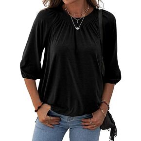 3/4 Sleeve Shirts for Women Loose Fit Pleated Crew Neck Trendy Tops Cute Casual Work Shirts