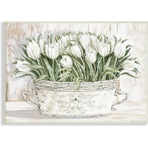 Stupell Industries White Tulip Flowers Fresh Vintage Country Tin Painting Wood Art, Design by Cindy Jacobs Wall Plaque, 15 x 10