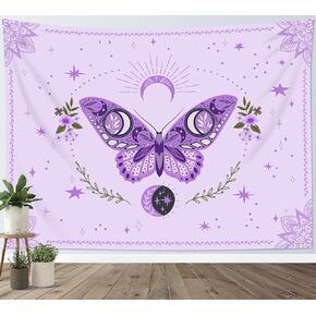 HVEST Purple Butterfly Tapestry Wall Hanging Floral Plant Botanical Tapestries Bohemia Mandala Tapestry Trippy Star Moon Tapestry for Bedroom Living Room Party Wall Decor, 40L X 60W inches