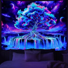 Obsecolors Blacklight Tree of Life Tapestry UV Reactive Waterfall Tapestry Trippy Galaxy Space Tapestry Aesthetic Tree Wall Tapestry Colorful Starry Sky Tapestry Wall Hanging for Bedroom