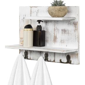 MyGift 2 Tier Wall Mounted Shabby White Washed Solid Wood Bathroom Storage Shelves, Decorative Entryway Floating Shelf Rack with 6 Hooks for Hanging Towels