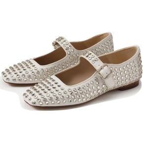 ZIXSAA Rhinestone Ballet Flats for Women Sparkly Studded Mary Jane Flats with Square Toe Buckle Strap Ballerina Shoes