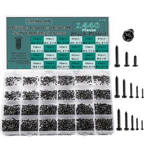 1440Pcs Black Small Self Tapping Screws,Mini Screws,Phillip Pan Head Micro Screws, Tiny Electronic Screws,M1.2 M1.4 M1.7 M2 M2.3 Screws 24 Size Assortment Screw kit