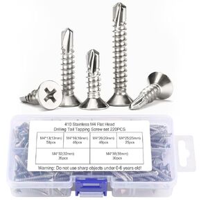 Self Tapping Screws for Metal M4 Screws Assortment Fasteners Kit, 220 Pcs, 410 Stainless Steel, Flat Head, Philips Drive, Self Drilling, Assorted Screw Set