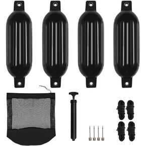 Boat Fenders, Boat Bumpers for Docking 4 Pack Boat Fender 6.5" x 23" Boat Buoys Bumpers with 4 Ropes, 4 Needles and 1 Pump for Pontoon Boat Speed Boats Sail Boat Docks,Black