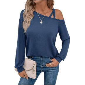 SweatyRocks Women's Asymmetrical Neck Long Sleeve Tee Shirt Criss Cross Solid Pullover Top