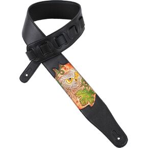 Walker And Williams CVG-OWL Handmade Black Padded Guitar Strap With Hand Carved Owl And Maple Leaf Design For Acoustic, Electric, And Bass Guitars