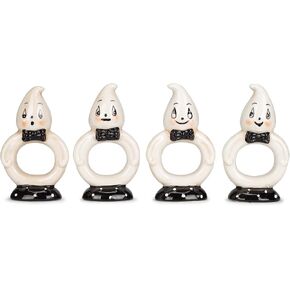 Transpac Friendly White Ghost 4.25 x 2.25 Ceramic Napkin Ring Holders Set of 4 (TH00337)