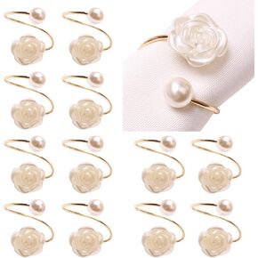 Pearl Napkin Rings Set of 12, Premium Shiny Pearl and Rose Flowers Napkin Holders Gold Napkin Ring Holders Table Setting Decoration for Wedding, Christmas, Thanksgiving, Holiday, Party