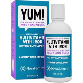 NovaFerrum Yum 16 Fl Oz | Multivitamin with Iron for Kids Ages 4 & Over | Gluten Free Certified | Sugar Free | Raspberry Grape