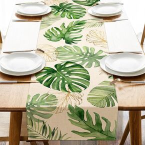 Seliem Summer Palm leaves Tropical Greenery Table Runner, Monstera Home Kitchen Dining Plant Decor, Spring Seasonal Decorations Indoor Outdoor Hawaii Luau Anniversary Party Supply 13 x 72 Inch