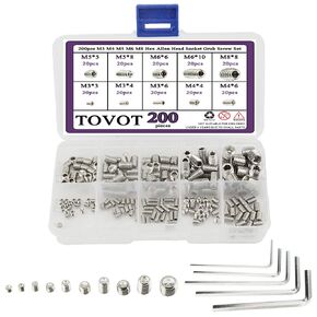 200pcs 5 Types Hex Allen Head Socket Set Screw Assortment Kit Stainless Steel Grub Screw Set with Hex Wrench Threaded Inserts Mertic (M3 M4 M5 M6 M8)
