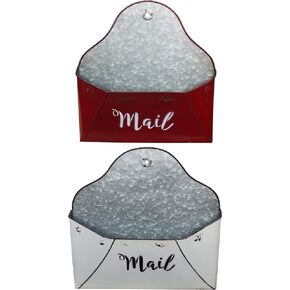 CVHOMEDECO. Galvanized Mail Holder Wall Mount Pocket Organizer Hanging Magazine File holder for Home and Office Decor. Red and Ivory, Set of 2.