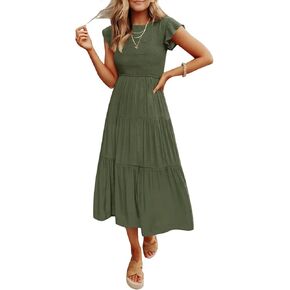 Coloody Women's Summer Casual Midi Maxi Dress Boho Flutter Sleeve Crew Neck Smocked Elastic Waist Tiered A-Line Beach Dress