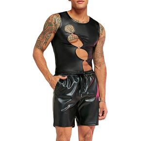 WDIRARA Men's 2 Piece Outfit Pu Leather Cut Out Round Neck Sleeveless Tank Top and Drawstring Shorts