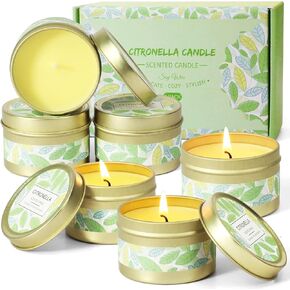 SCENTORINI Citronella Candles Outdoor, 6x2.5oz Soy Wax Lemongrass Candles, Portable Travel Tin Citronella Scented Candle Gift Set Outdoor Citronella Candles for Patio, Garden, Camping
