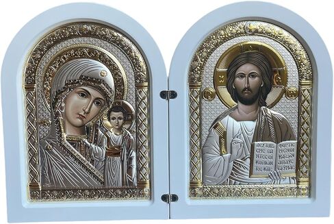 Diptych ليسوع المسيح حكمة الله ومريم العذراء من كازان البيزنطية أيقونة فضية أرثوذكسية/يونانية/صناعة يدوية (أبيض، 5 1/2x4) in Kuwait