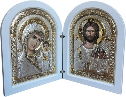Diptych ليسوع المسيح حكمة الله ومريم العذراء من كازان البيزنطية أيقونة فضية أرثوذكسية/يونانية/صناعة يدوية (أبيض، 5 1/2x4) in Kuwait
