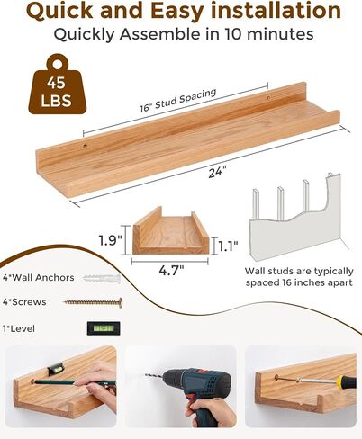 Axeman Oak Floating Shelves 24 Inch Picture Ledge Shelf Set of 2, Solid Wood Shelves with Lip for Wall Decor Storage Bedroom Living Room Bathroom Kitchen, Natural Oak in Saudi Arabia