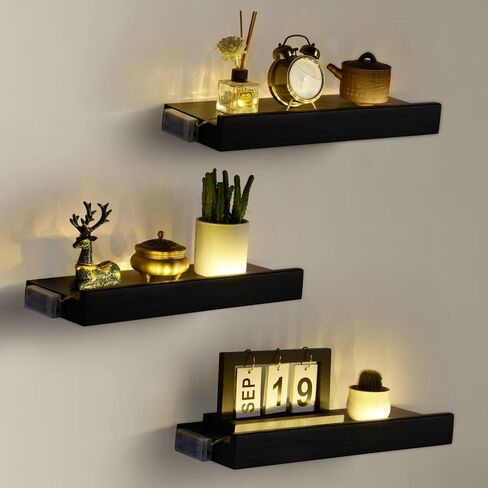 Floating Shelves with Invisible Brackets & Strip Lights, Protective Front Lip, Black Wood Wall Shelves Set of 3, Wall Mounted Bookshelf, Wall Decor, for Bedroom, Bathroom, Living Room, Kitchen in Saudi Arabia
