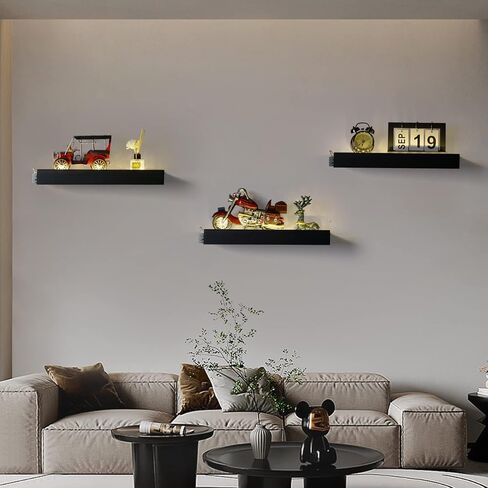 Floating Shelves with Invisible Brackets & Strip Lights, Protective Front Lip, Black Wood Wall Shelves Set of 3, Wall Mounted Bookshelf, Wall Decor, for Bedroom, Bathroom, Living Room, Kitchen in Saudi Arabia