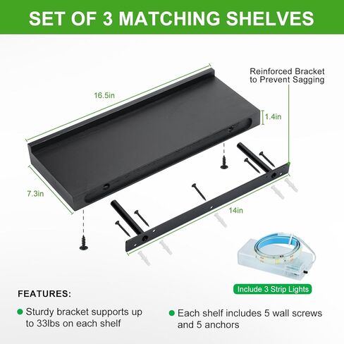 Floating Shelves with Invisible Brackets & Strip Lights, Protective Front Lip, Black Wood Wall Shelves Set of 3, Wall Mounted Bookshelf, Wall Decor, for Bedroom, Bathroom, Living Room, Kitchen in Saudi Arabia