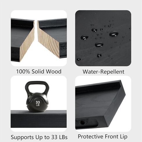 Floating Shelves with Invisible Brackets & Strip Lights, Protective Front Lip, Black Wood Wall Shelves Set of 3, Wall Mounted Bookshelf, Wall Decor, for Bedroom, Bathroom, Living Room, Kitchen in Saudi Arabia
