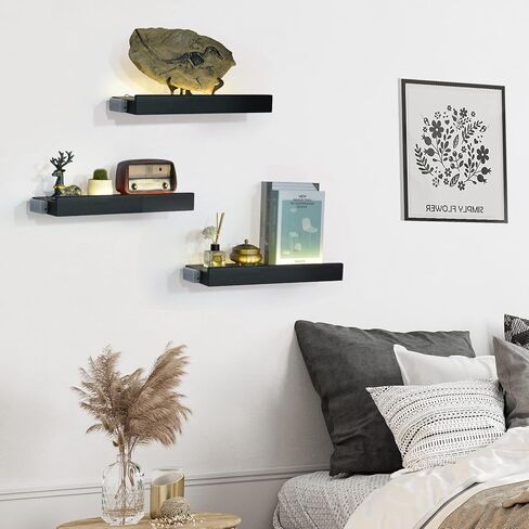 Floating Shelves with Invisible Brackets & Strip Lights, Protective Front Lip, Black Wood Wall Shelves Set of 3, Wall Mounted Bookshelf, Wall Decor, for Bedroom, Bathroom, Living Room, Kitchen in Saudi Arabia