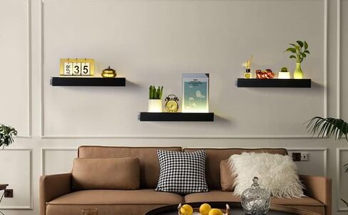 Floating Shelves with Invisible Brackets & Strip Lights, Protective Front Lip, Black Wood Wall Shelves Set of 3, Wall Mounted Bookshelf, Wall Decor, for Bedroom, Bathroom, Living Room, Kitchen in Saudi Arabia