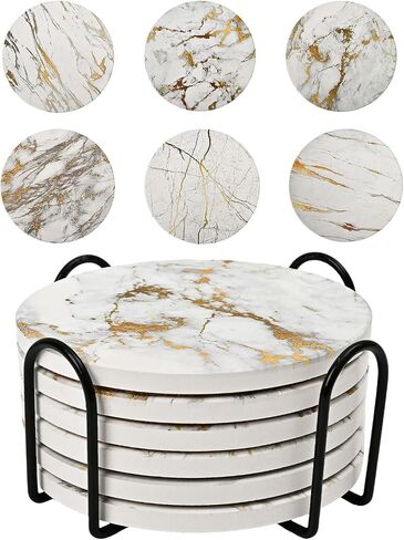 Marble Style Coasters for Drinks, Set of 6 Absorbent Coasters with Holder, Drink Coasters for Tabletop Protection, Ceramic Coasters for Dining and Coffee Table (4 Inches Gold) in Saudi Arabia