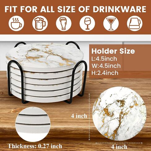 Marble Style Coasters for Drinks, Set of 6 Absorbent Coasters with Holder, Drink Coasters for Tabletop Protection, Ceramic Coasters for Dining and Coffee Table (4 Inches Gold) in Saudi Arabia