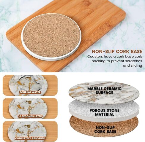 Marble Style Coasters for Drinks, Set of 6 Absorbent Coasters with Holder, Drink Coasters for Tabletop Protection, Ceramic Coasters for Dining and Coffee Table (4 Inches Gold) in Saudi Arabia