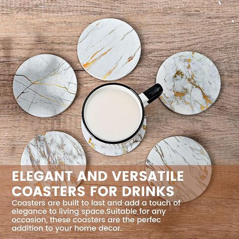 Marble Style Coasters for Drinks, Set of 6 Absorbent Coasters with Holder, Drink Coasters for Tabletop Protection, Ceramic Coasters for Dining and Coffee Table (4 Inches Gold) in Saudi Arabia