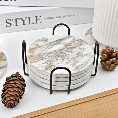Marble Style Coasters for Drinks, Set of 6 Absorbent Coasters with Holder, Drink Coasters for Tabletop Protection, Ceramic Coasters for Dining and Coffee Table (4 Inches Gold) in Saudi Arabia