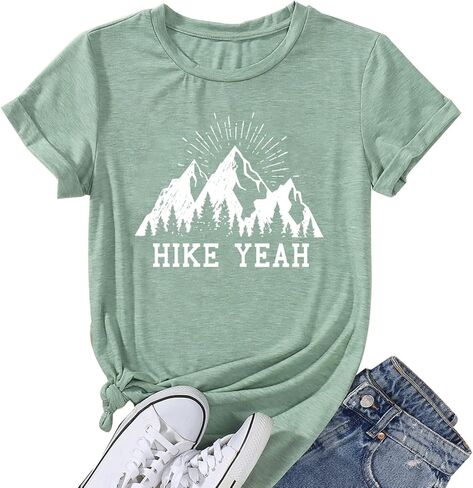 Funny Hiking T Shirts Women Cute Mountain Sunrise Pine Tree Letter Print Graphic Tee in Saudi Arabia