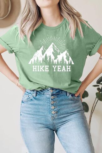 Funny Hiking T Shirts Women Cute Mountain Sunrise Pine Tree Letter Print Graphic Tee in Saudi Arabia