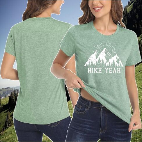 Funny Hiking T Shirts Women Cute Mountain Sunrise Pine Tree Letter Print Graphic Tee in Saudi Arabia