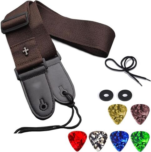 CAWANFLY حزام الغيتار، الأشرطة الغيتار باس الصوتية الكهربائية المنسوجة نهايات جلدية بسيطة قابل للتعديل خمر مع اختيار الجيب in Kuwait