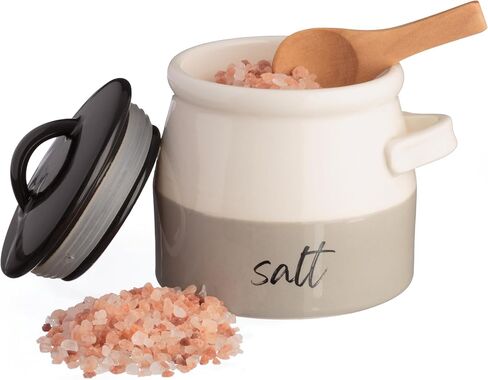Salt Cellar With Lid And Spoon (10 oz) - Handmade Salt Keeper w/Wooden Spoon - Air Tight Sealed Ceramic Salt Container with Lid - Stylish Salt Storage Container for Kitchen Decor in Saudi Arabia