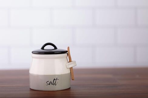 Salt Cellar With Lid And Spoon (10 oz) - Handmade Salt Keeper w/Wooden Spoon - Air Tight Sealed Ceramic Salt Container with Lid - Stylish Salt Storage Container for Kitchen Decor in Saudi Arabia