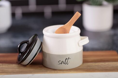Salt Cellar With Lid And Spoon (10 oz) - Handmade Salt Keeper w/Wooden Spoon - Air Tight Sealed Ceramic Salt Container with Lid - Stylish Salt Storage Container for Kitchen Decor in Saudi Arabia