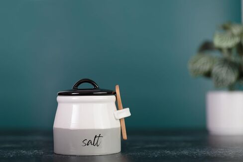 Salt Cellar With Lid And Spoon (10 oz) - Handmade Salt Keeper w/Wooden Spoon - Air Tight Sealed Ceramic Salt Container with Lid - Stylish Salt Storage Container for Kitchen Decor in Saudi Arabia