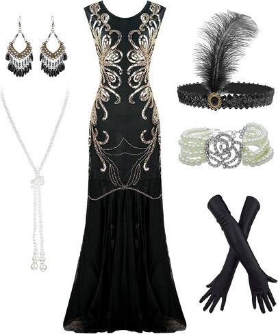 Women's 1920s Sequin Mermaid Hem Maxi Long Formal Ball Gown Costume Set in Saudi Arabia