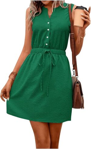 MakeMeChic Women's Casual Sleeveless Summer Dress Button Down Tie Waist A Line Short Dress Solid Tank Dress in Saudi Arabia