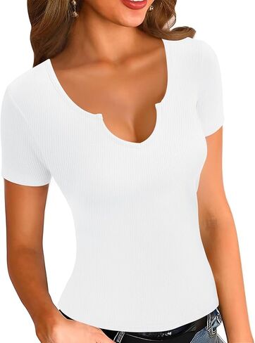 قمصان باشافو النسائية بأكمام قصيرة مضلعة ورقبة واسعة، قمصان أساسية ضيقة، قمصان صيفية عصرية in Kuwait