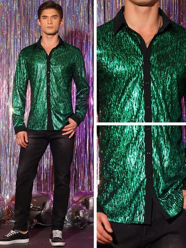 Lars Amadeus Glitter Metallic Shirts for Men's Button Long Sleeves Disco Sparkly Shirt in Saudi Arabia