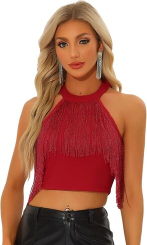 Allegra K Crop Tops for Women's Fringe Trim Glitter Sleeveless Tie Halter Neck Sparkly Party Corset Top in Saudi Arabia